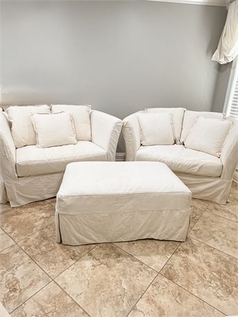 PACIFICA ~ (2) Tailored Linen Slipcover Loveseats / Oversized Chair With Ottoman