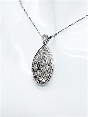 14K WHITE GOLD ~ Custom Diamond Pendant In A Drop-Shape Mounting & Necklace
