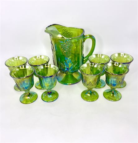 Vintage Indiana Green Carnival Glass Pitcher and 6 Goblets