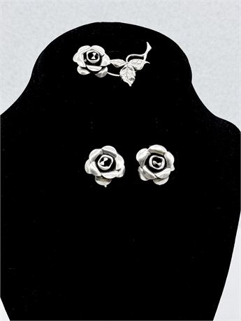 BEAU STERLING ~ Rose Brooch & Earrings