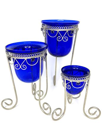 Set of 3 Vintage Cobalt Blue Candle Holders with Metal 3-Leg Stands