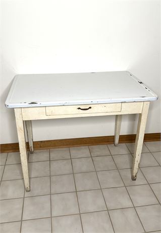 Enamel Table With Drawer on Solid Wood Base