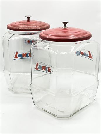 LANCE ~ Pair (2) ~ 10.5” Store Counter Cracker Jars With Metal Lids