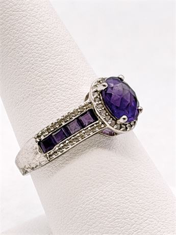 Sterling Silver Cocktail Ring With Purple & Clear Gemstones