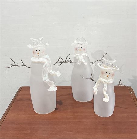 Frosted Glass Snowmen Figurines With Metal Twig Arms ~ Set of 3