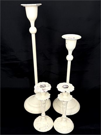 Set of 4 White Wrought Iron Candlestick Holders