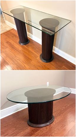 Pair of Glass-Top / Wooden Pedestal Tables