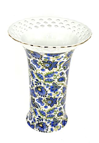 Vtg Baum Bros. Blue Paisley Reticulated Chintz Vase