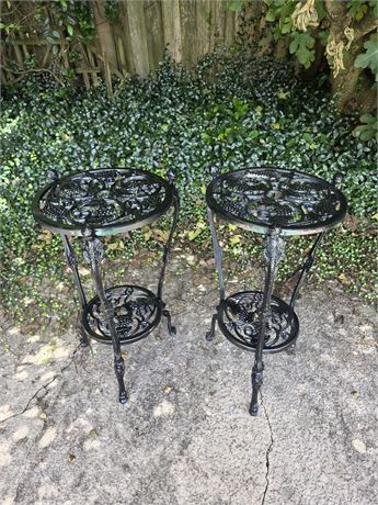 Set of 2 Vintage Wrought Iron Grape Vine Plant Stands with Cherub Design