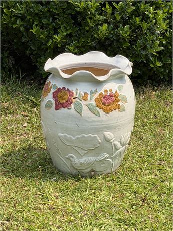 21” Floral & Bird Themed Glazed Terracotta Pot With Ruffled Rim
