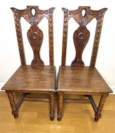 Set of 2 Intricately Carved Tall Back Solid Oak Chairs