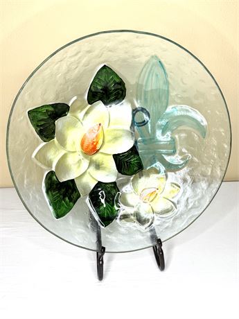 Extra Large Hand Painted Hammered Glass Bowl - Magnolia and Fleur De Lis Design