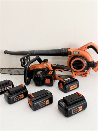 BLACK & DECKER ~ Cordless Chain Saw & Blower Set With 6 Batteries