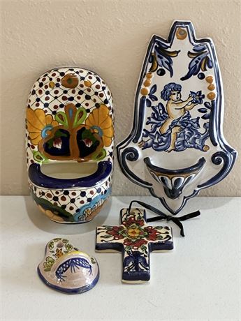 Hand-Painted Wall-Hanging Ceramic Holy Water Fonts & Cross