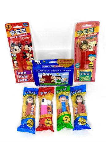 PEZ Dispenser Lot - Peanuts, Mickey Mouse Plus Collectible Peanuts Playing Cards