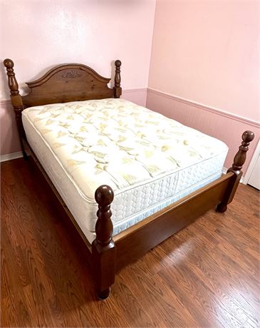 Queen Sized Pine Bed Frame with Carved Design Headboard and Sealy Queen Mattress