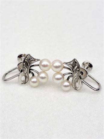 STERLING ~ MIKIMOTO ~ Pair of Silver Art Deco Style Clip-On Pearl Earrings