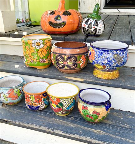 7 Hand-Painted Mexican Pottery Planters & 2 Decorative Jack O’Lanterns