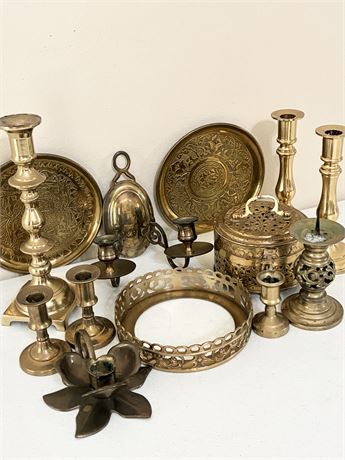 Lot of 13 Brass Candlesticks & Home Decor Items