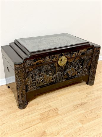 Vtg. Asian Intricately Carved Wood Camphor Chest