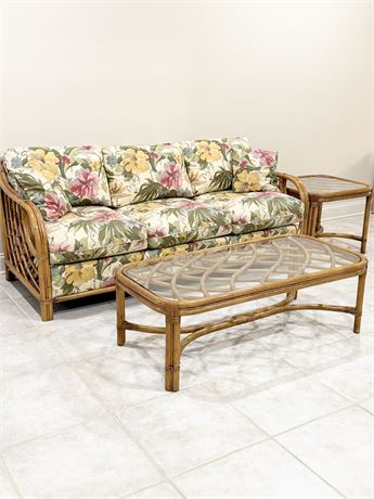 LANEVENTURE ~ Natural Rattan 3-Piece Set With Floral Design Cushions
