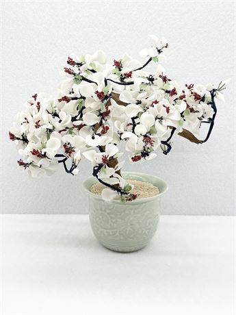 Vtg Chinese Jade Glass Bonsai Tree In Celadon Pot
