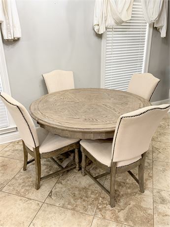 Solid Wood Farmhouse Pedestal Table & 4 Linen Nailhead Trim Chairs