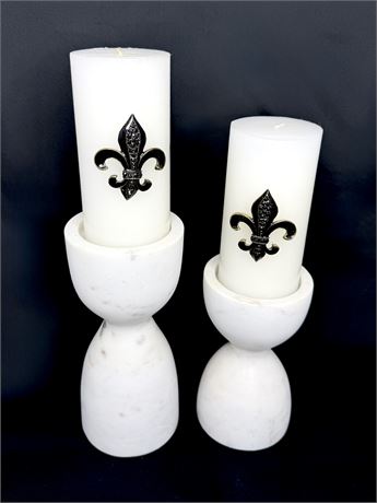 Set of Two Nicole Miller Marble Candle Holders with White Calvin Klein Candles