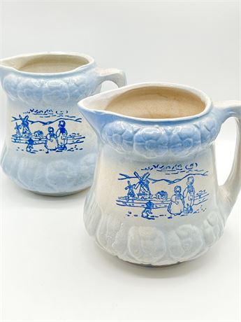 MCCOY ~ Pair (2) ~Blue & White Stoneware Pitcher With DutchBoy & Girl Design