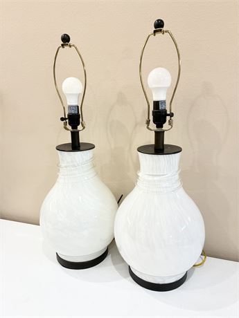 Pair (2) of Opalescent Swirled Glass Gourd-Form 3-Way Table Lamps