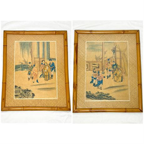 Set of 2 Vintage Chinese Watercolor Paintings on Silk in Bamboo Frame