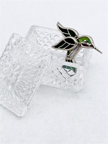 FASHION ~ Stained Glass Hummingbird Brooch W/ Crystal Trinket Box