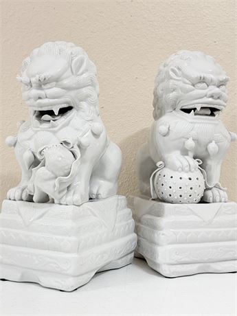 Pair (2) White Porcelain Foo Dog Sculptures