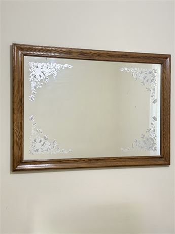 Wood Framed Floral Etched Mirror