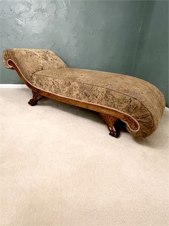 Upholstered Rolled Back Chaise Lounge With Solid Carved Wood & Clawfeet
