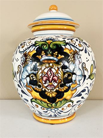 Hand-Painted Italian Pottery Urn W/ Lid