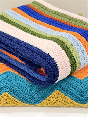 Pair (2) Crochet Afghan Throws In A Stripe & Chevron Print