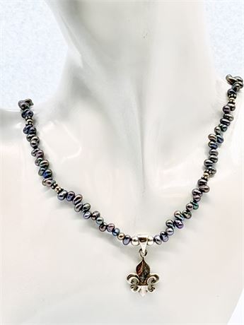 Sterling Silver Fleur De Lis Pendant On 17” Pearl Necklace