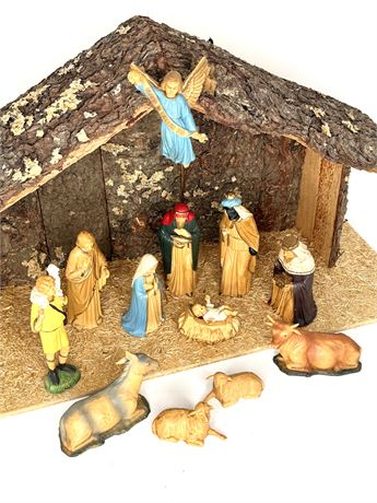 Vintage Nativity Scene With Handmade Stable