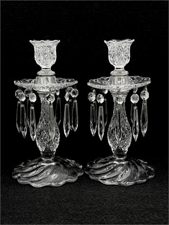 DUNCAN & MILLER ~ Sandwich Clear ~ Pair (2) 10” Candlesticks With 10 Prisms