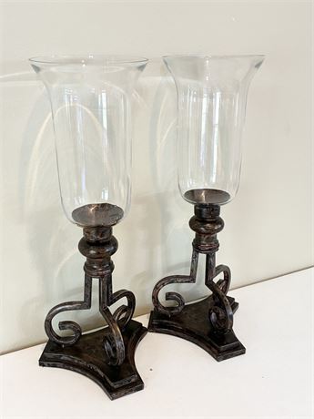 Pair of Metal & Glass Hurricane Candle Holders