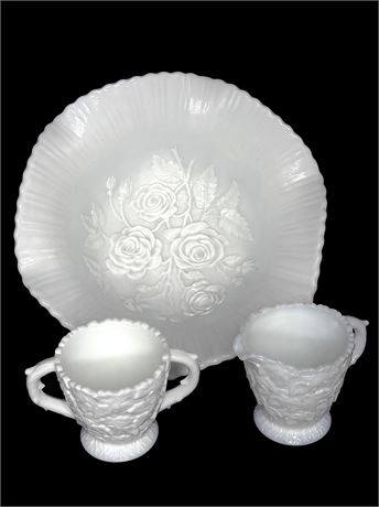 Set of 3 Beautiful Pieces of Milk Glass - Rose Bowl and Matching Cream and Sugar