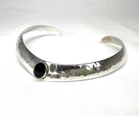Hammered Sterling Silver Collar Necklace with Black Onyx Stone
