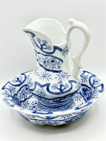 Blue & White Porcelain Wash Jug & Basin ~ 2Pc Set