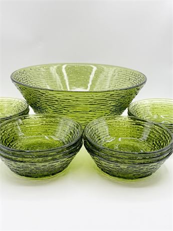 ANCHOR HOCKING ~ Soren Avocado Green ~ Glass 11” Serving Bowl & 12 Cereal Bowls