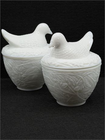 AVON ~ Nesting Doves ~ Pair (2) White Milk Glass Candy Dishes