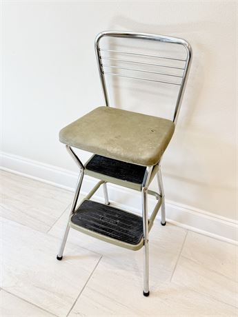 COSCO ~  Vtg. Chrome Step Stool / Chair With Avocado Green Seat