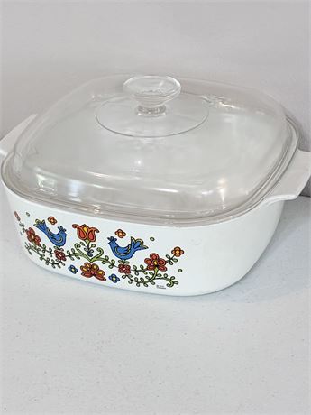 CORNING WARE ~ “Country Festival” ~ Vtg 4-Qt Casserole Dish W/ Lid