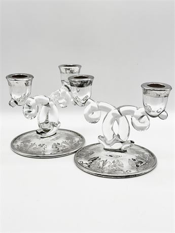Pair (2) ~ Glass Double Candlestick Holders With Silver Overlay
