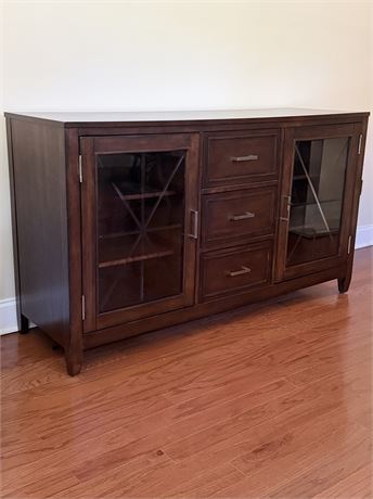 Dark Finish Wooden Console / Side Board With Etched Glass Panels Doors
